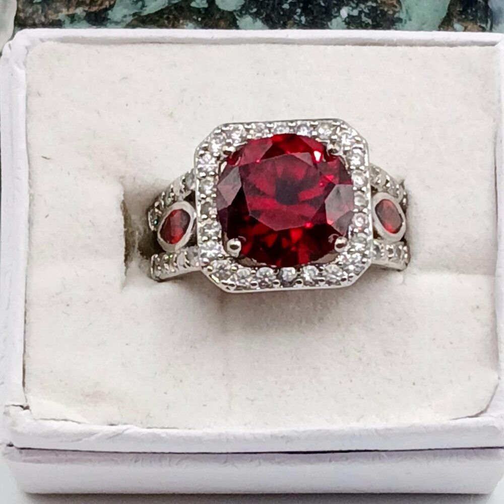 Silver Stamped 925 Ruby Red Wrapped in Crystal RING